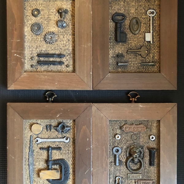 Framed Metal Collage Steampunk Wall Art Assemblage Antique Tools & Hardware Brass Lion Cast Iron Vice Skeleton Keys 4 Steampunk Plaques
