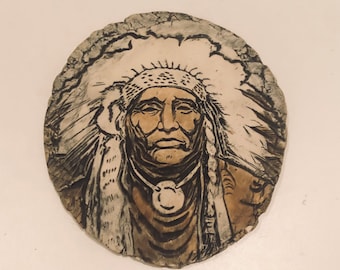 Vintage American Indian Chief Wall Plaque by Stan Cementous Material Southwestern Inspired