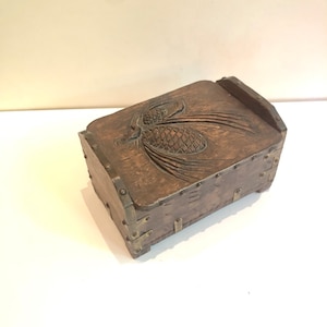 Gorgeous Vintage Carved Wooden Hinged Treasure Chest Folk Art Pinecone Carving Brass Studs Ornate Jewelry Keepsake Stash Box 1970