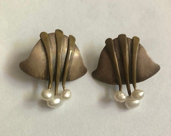 Unusual Artisan Modernist Freshwater Pearl Drop Pierced Earrings Handmade Brutalist Pearl Earrings