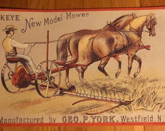 Vintage Advertisement Buckeye New Model Mower Metal Sign Farmer Plowing Field w Horses Geo P York AAA Sign Co Ohio