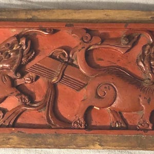 Antique Cinnabar Sculpture Authentic Chinese Cinnabar Plaque Double Sided with Dragons Foo Lions Birds Thistles MUST SEE!