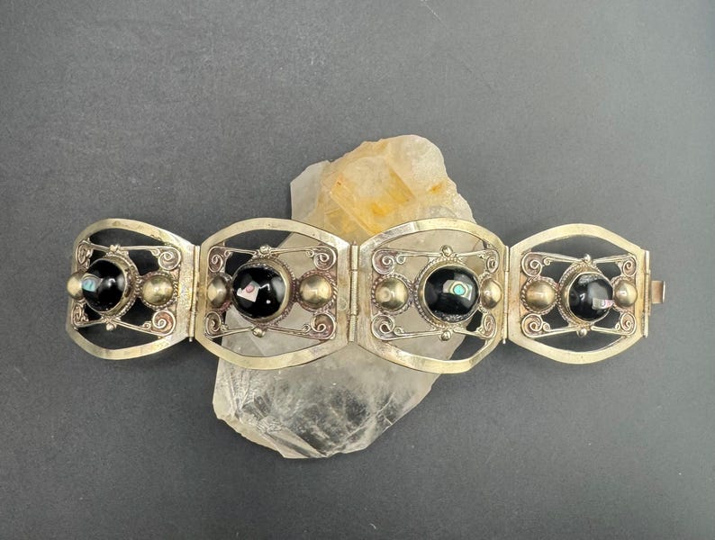 Magnífica pulsera vintage de abulón de ónix mexicano, brazalete de ónix mexicano, hecho en México, 29,9 g imagen 2