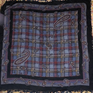 Vintage Paisley Scarf Jewel Tone Plaid Shawl or Wrap Approx 34&quot; Square