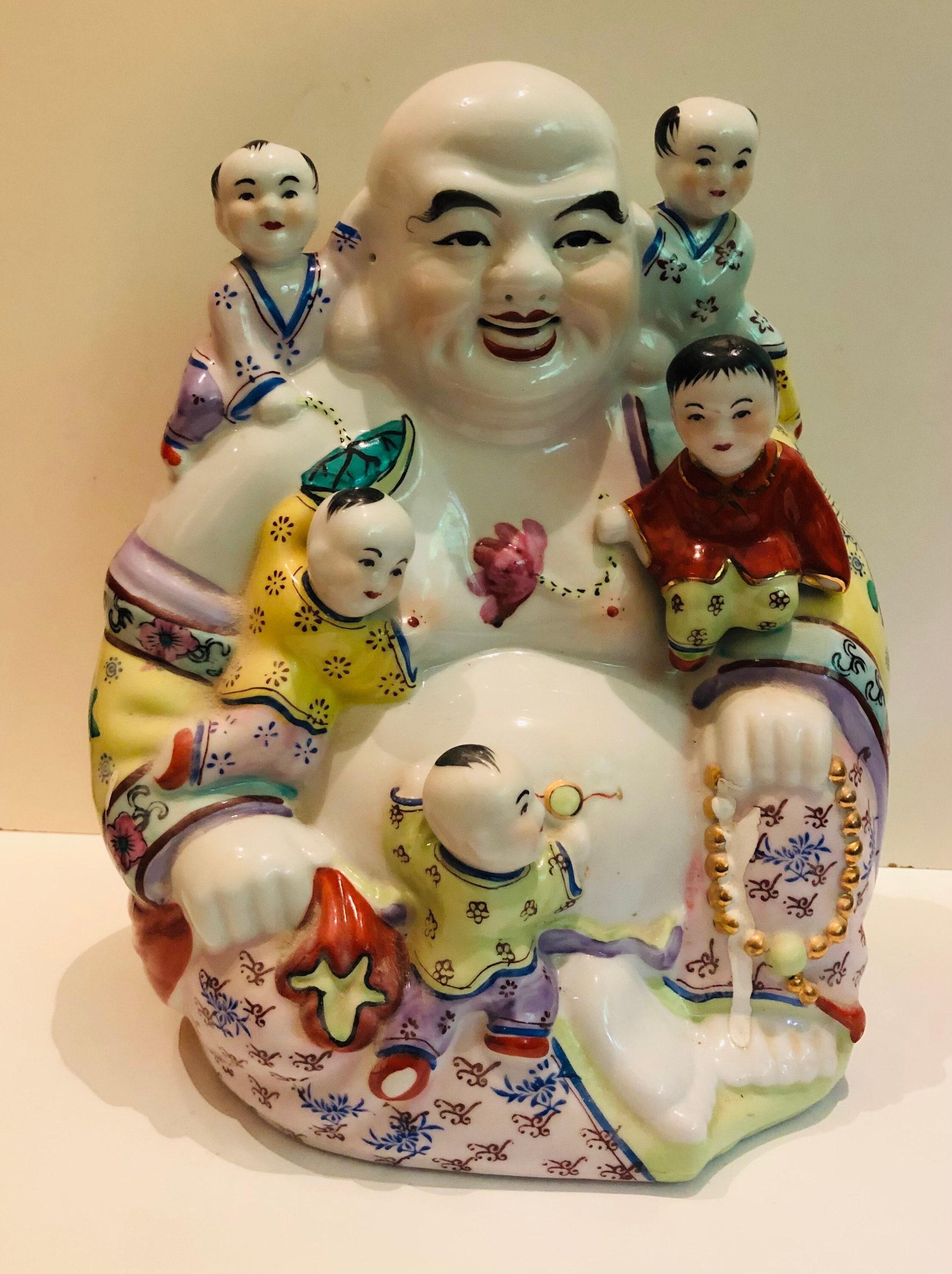 Large Vintage Chinese Happy Buddha & Five Children Statue Good