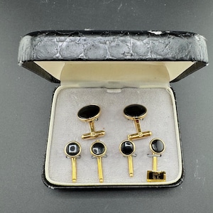 Elegant Vtg Nordstrom 14K Gold Filled Onyx Gold Cuff Links & Studs Orig Clamshell Box 6 Pcs NOS Formal Tuxedo Buttons Wedding Groom Jewelry