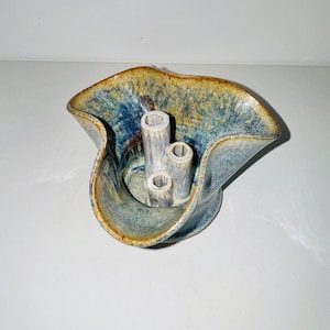 Vintage Blue Crystalline Ceramic Flower Frog Studio Art Pottery Ikebana Vase Floral Stems Arrangement Wavy Hippie Celestial Tie Dye Glaze
