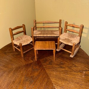 Adorable Vintage Woven Rush Wicker Loveseat Bench Chair Rocker & Table Set Colonial Shaker Ladder Back Miniature Doll Furniture Dollhouse