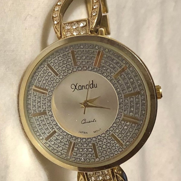 Vintage Xanadu Bracelet Watch Gold Rhinestone Bracelet Watch 1990s Ladies Fashion Watch with Pave Crystals Accessory