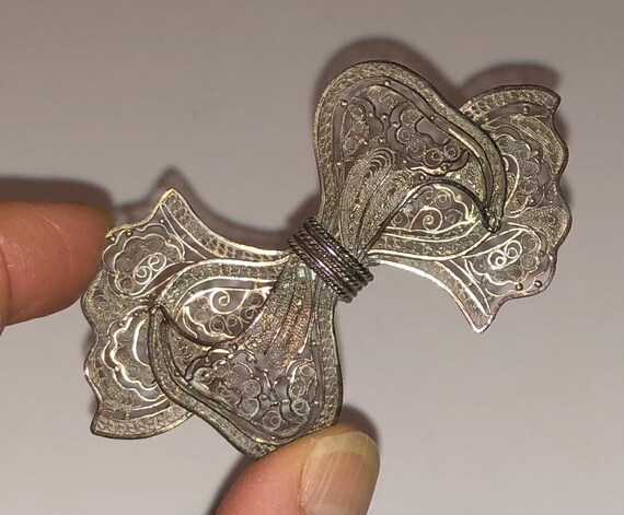 Intricate Antique Filigree Bow Brooch Handmade Or… - image 8