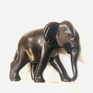 Beautiful Detailed Hard Resin Vintage Black Ebony Carved African Elephant Statuette ca 1980s-90s missing one tusk AS IS