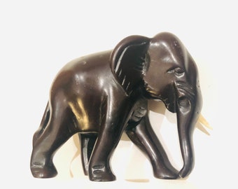 Beautiful Detailed Hard Resin Vintage Black Ebony Carved African Elephant Statuette ca 1980s-90s missing one tusk AS IS