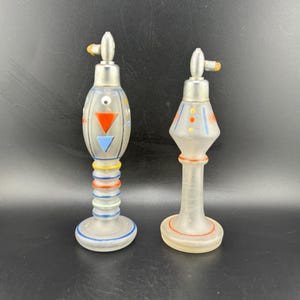 PAIR! Elegant Antique Art Deco Boudoir Vanity Decor Satin Glass Czech Perfume Bottle Rare Hand Painted Flapper Girl Accessories Dresser Set