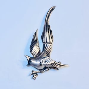 Large Vintage Sterling Bird Brooch Early Taxco Mexican Coat Pin Pre Eagle Stamp 1940s 3D Bird on Branch 26g