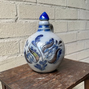 Vintage German Salt Glaze Ovoid Jug Cobalt & Metallic Decorated Stoneware Wine Jug Folk Art Decanter with Stopper