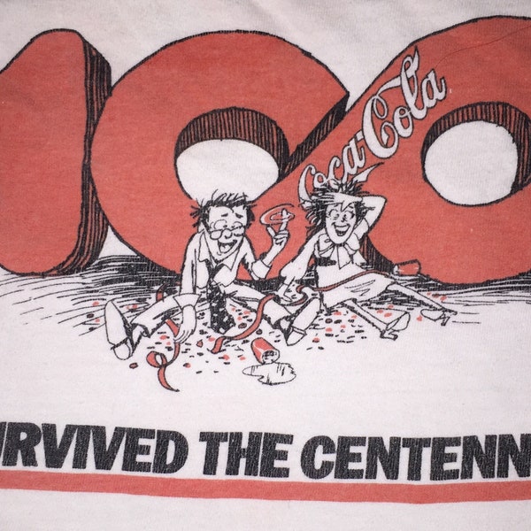 1986 Coke T Shirt Medium ENJOY COKE  I Survived The Centennial on Back Official Promo Coca Cola Tee PLUS Bonus Pinback Button!