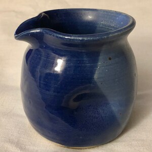 Handmade Vintage Art Pottery Hand Thrown Cream Pitcher Miniature Pitcher Creamer Blue Textured Jewel Toned Glaze Signed Hickory Flat