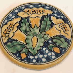 Small Round Mexican Portavasos talavera Tile Coaster Decorative Tile Art Orange Trumpet Flowers Colorful Floral Trivet Mexican Pottery