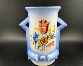 Antique Art Deco Vase Stunning Airbrushed Design Tulips Screaming Czechoslovakian Art Pottery Vase as is Cottage Core Grannycore