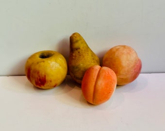 4 Vintage Rustic Italian Marble Stone Fruits Marble Fruits Hand Carved Realistic Fruit Sculptures Peaches Pear Apple Basket Centerpiece