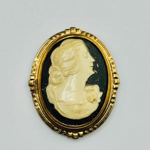 Antique Art Deco Celluloid Cameo Brooch Classic Greco Roman Lady C Clasp Black Background Unisex Victorian Revival Jewelry Ca 1930s