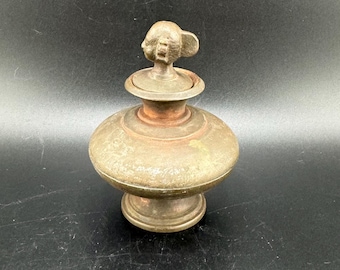 Antique Indian Holy Water Copper Vessel Vintage Figural Female Head Lid Vintage Hindu Ceremonial Altar Gangajali Ganga Water Bottle
