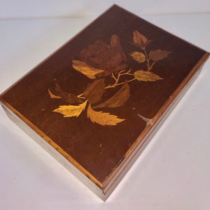 Vintage Wooden Marquetry Box Wood Inlay Hinged Jewelry Box AS IS for Restoration