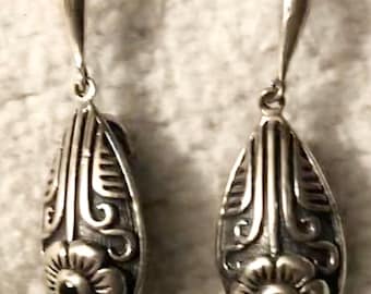 Vintage Sterling Dangle Earrings Victorian Revival Silver Dangling Floral Earrings Pierced Earrings Girlfriend Gift