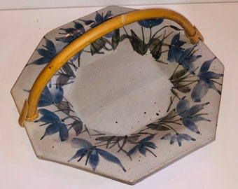 Octagonal Ceramic Basket w Rattan Handle Blue Flowers Wildflowers Boho Studio Pottery Bowl Artist Signed Cindy Angliss Georgia Art Pottery