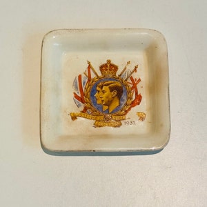 1937 English Transferware Trinket Dish Celebrating The 1937 King George VI Queen Elizabeth Coronation Made in England Royalty Collectibles
