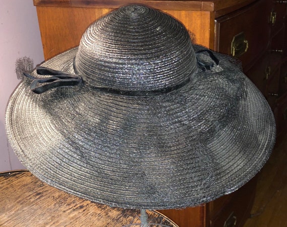 Wide Brimmed Cartwheel Hat Elegant 1940s Black Wi… - image 6