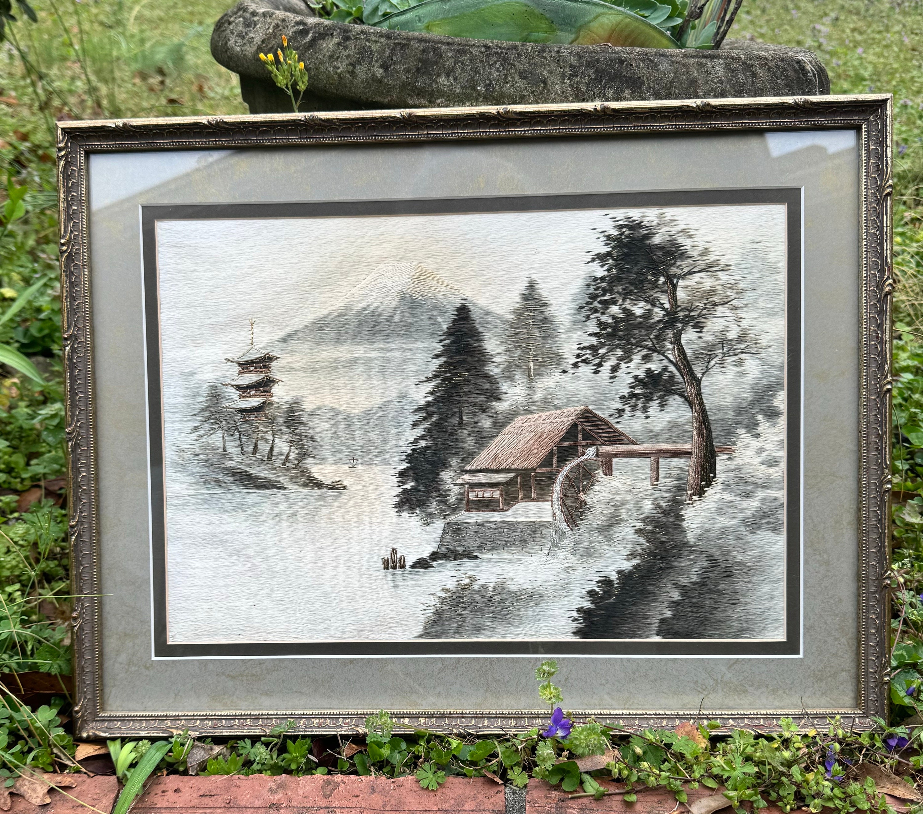 Vintage Framed Japanese Silk Embroidery Wall Art Mt Fuji
