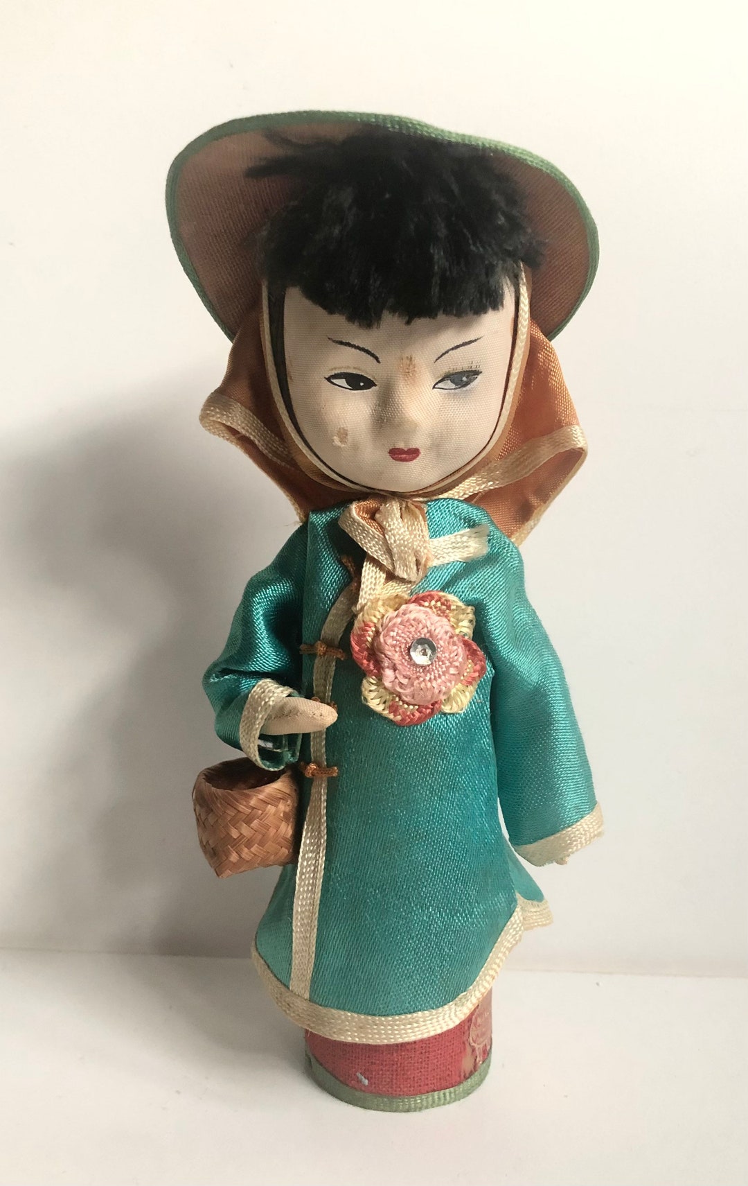 Vintage Miniature Chinese Mandarin Doll in Traditional Asian Hat Made