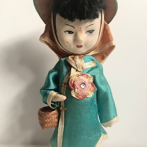 Vintage Miniature Chinese Mandarin Doll in Traditional Asian Hat Made in Taiwan Free China