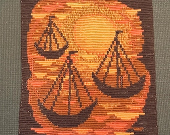1970s Handwoven Tapestry Wall Hanging Sailboats in the Sunset Nautical Wall Art Coastal Grandmother