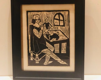 Vintage Signed Curtis Linocut Linocut Print The Dollmaker Medieval Block Print Lino Print Orthodox Byzantine Style in Standing Frame