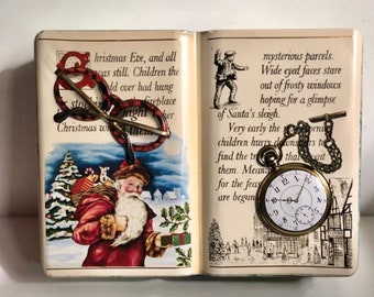 Vtg 1995 English Silver Crane Designs Lithographed Book Shaped Embossed Tin Box Santa Claus Spectacles Antique Pocketwatch Christmas SALE