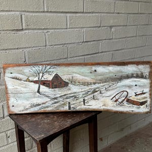 Rustic Vintage Painting on Reclaimed Wood “winter Visits the
