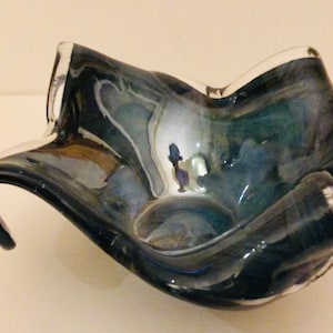 Lovely Vintage Blown Blue Swirl Art Glass Modernist Dish Candy Bowl Trinket Dish MCM Catch All Dish