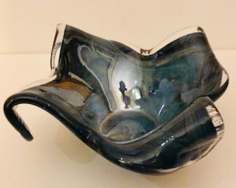 Lovely Vintage Blown Blue Swirl Art Glass Modernist Dish Candy Bowl Trinket Dish MCM Catch All Dish