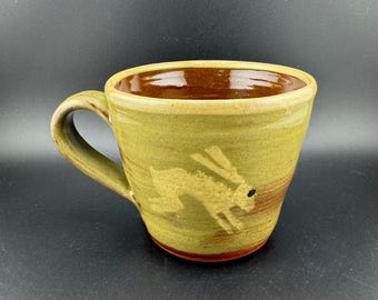 Vintage Olive Glazed Redware Mug Hopping Bunny Rabbits Folk Art Coffee Cup Teacup Artist Signed