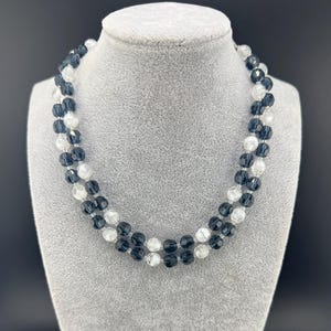 Brilliant Mid Century Vintage Blue Crystal & White Swirl Beaded Choker Double Strand Necklace