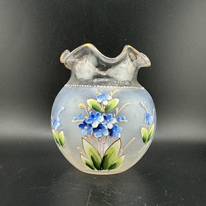 Gorgeous Vintage Hand Blown Satin Glass Ruffled Bud Vase Enameled Painted Blue Violets Flowers Romance & Love Symbols Fenton Glass?