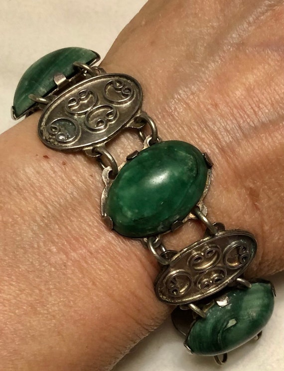 Vintage Mexican Jade Serpentine Silver Paneled Br… - image 2