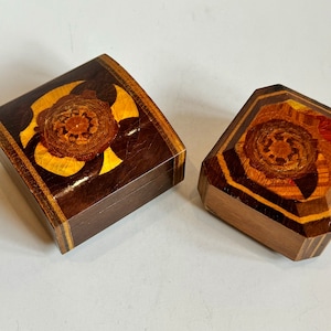 Vtg Domed Wooden Marquetry Box Pair 2 Handmade Wood Inlay Trinket Jewelry Boxes Velvet Lined Octagonal Stash Box Miniatures signed Rossi ?