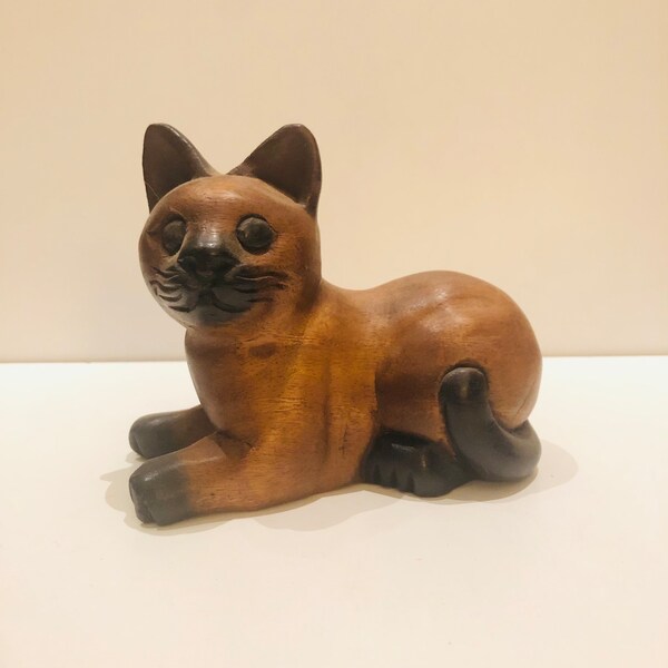 Whimsical Vtg Indonesian Folk Art Cat Statue Balinese Wood Carved Hand Painted Resting Pretty Kitty Sculpture Cat Lover