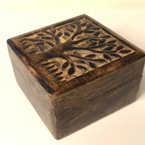 Vintage Carved Wooden Trinket Box Jewelry Box Carving of Tree by India Arts