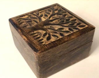 Vintage Carved Wooden Trinket Box Jewelry Box Carving of Tree by India Arts