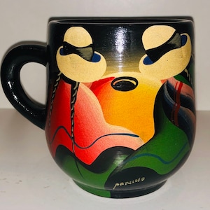 Beautiful Hand Painted Ceramic Mexican Mug Coffee Cup Miniature Painting Scenic Art Pottery Artist Signed Paniho Panino