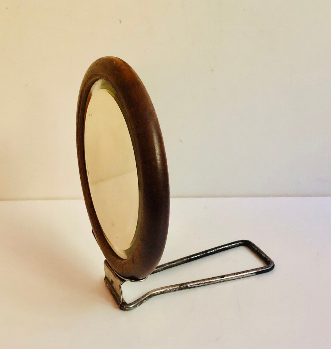 Fabulous Antique Round Wooden Travel Mirror Shaving Mirror Double Sided